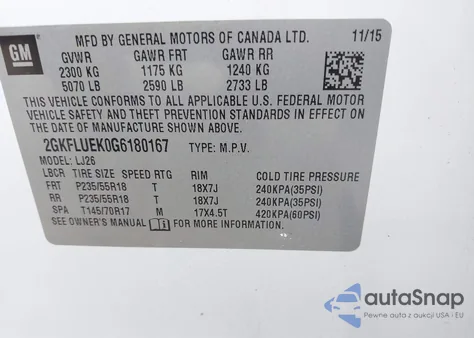 2016 GMC Terrain Slt z USA, uszkodzony, nr VIN 2GKFLUEK0G6180167